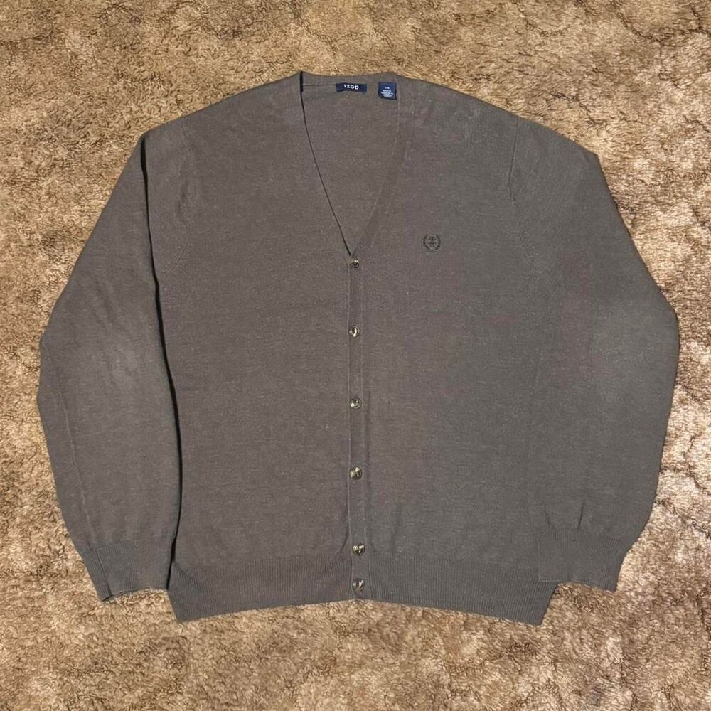 Izod Brown Cardigan Button Up V Neck Sweater Embroidered Crest Grandpa Large